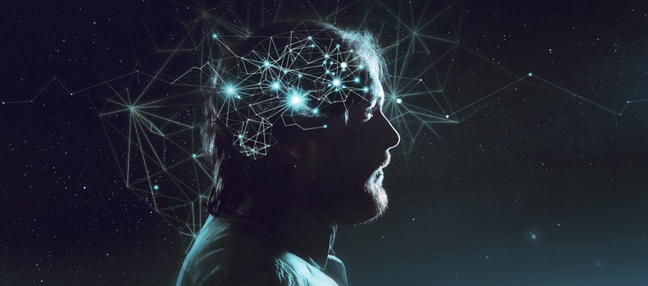 Profile of a bearded man head with a symbol of neurons in the brain